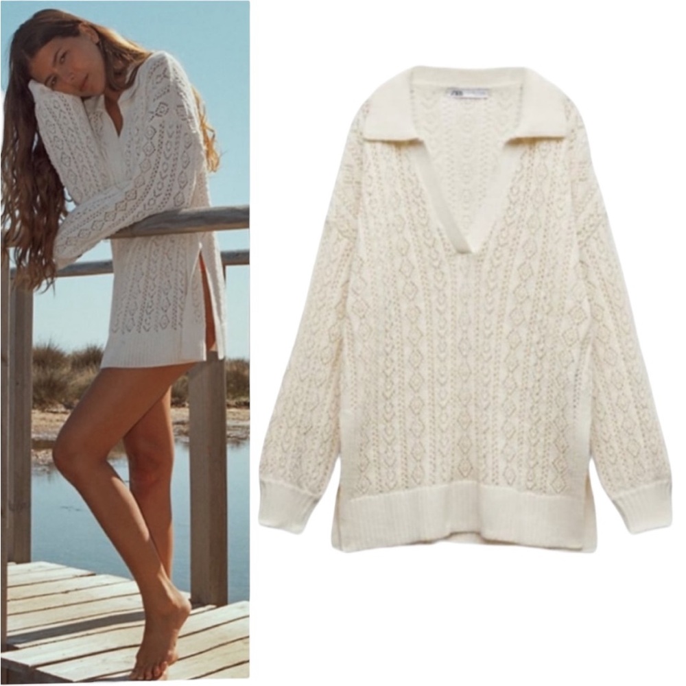 Zara Ecru Cream Pointelle Knit Polo Collar Oversized Tunic Sweater - XS